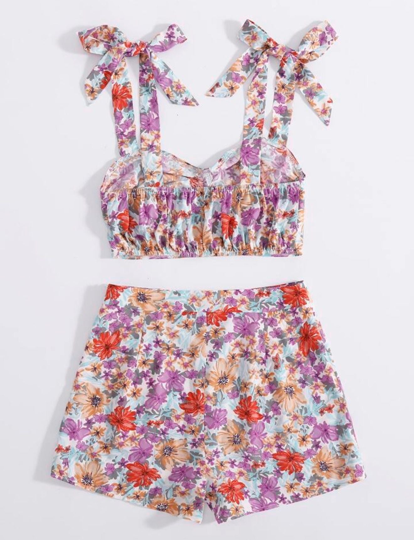 SHEIN Floral Print Tie Shoulder Crop Top and Shorts Set Size S 2