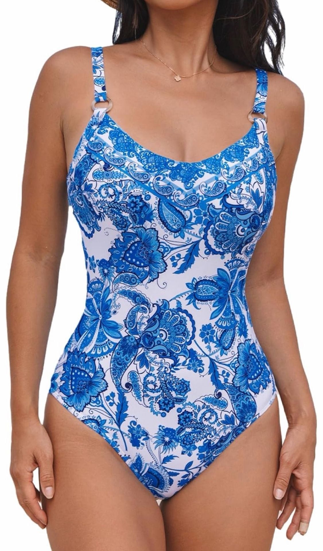 Cupshe One Piece Swimsuit Womens L Blue White Floral Paisley Adjustable Strap 7