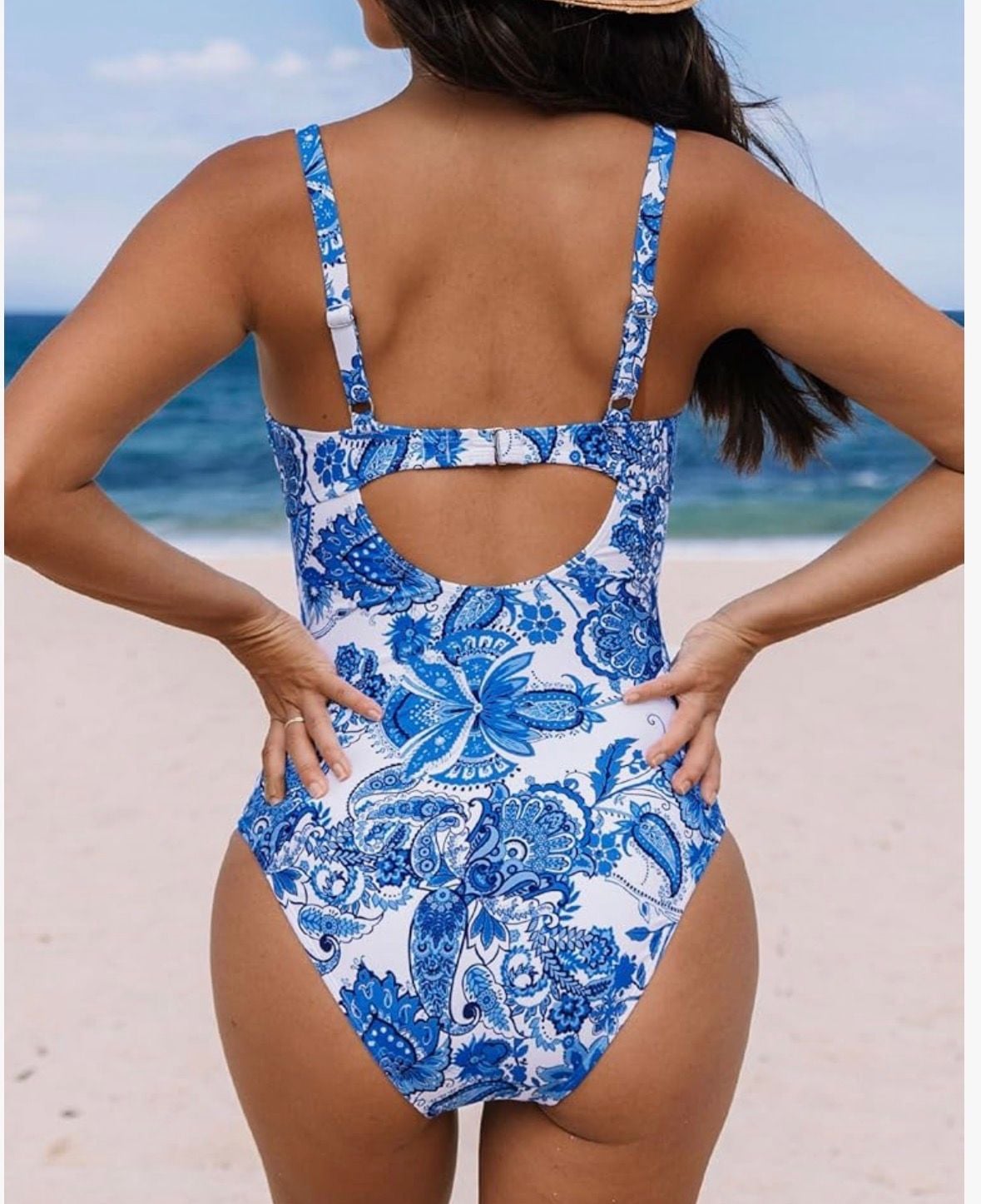 Cupshe One Piece Swimsuit Womens L Blue White Floral Paisley Adjustable Strap 9