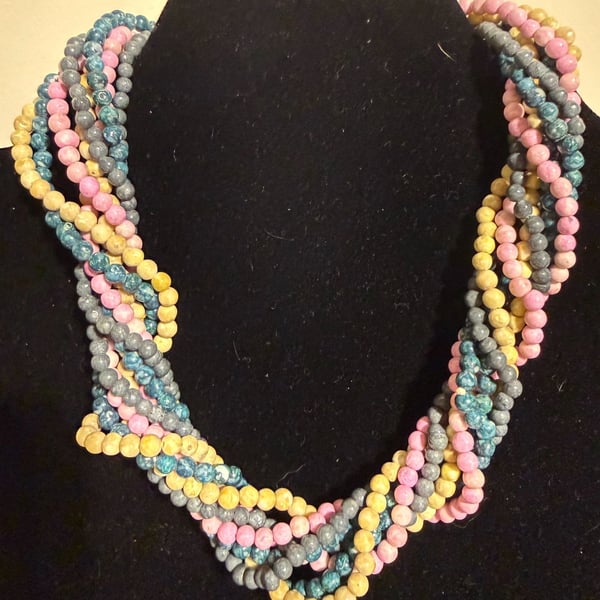 Vintage Multi-Strand Pastel Beaded Necklace with Gold Tone Clasp