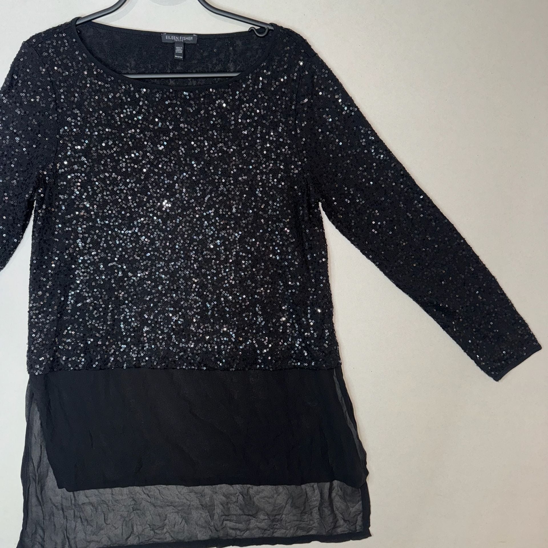 Eileen Fisher Black Sequin Long Sleeve Top with Sheer Layered Hem, Size PP 7