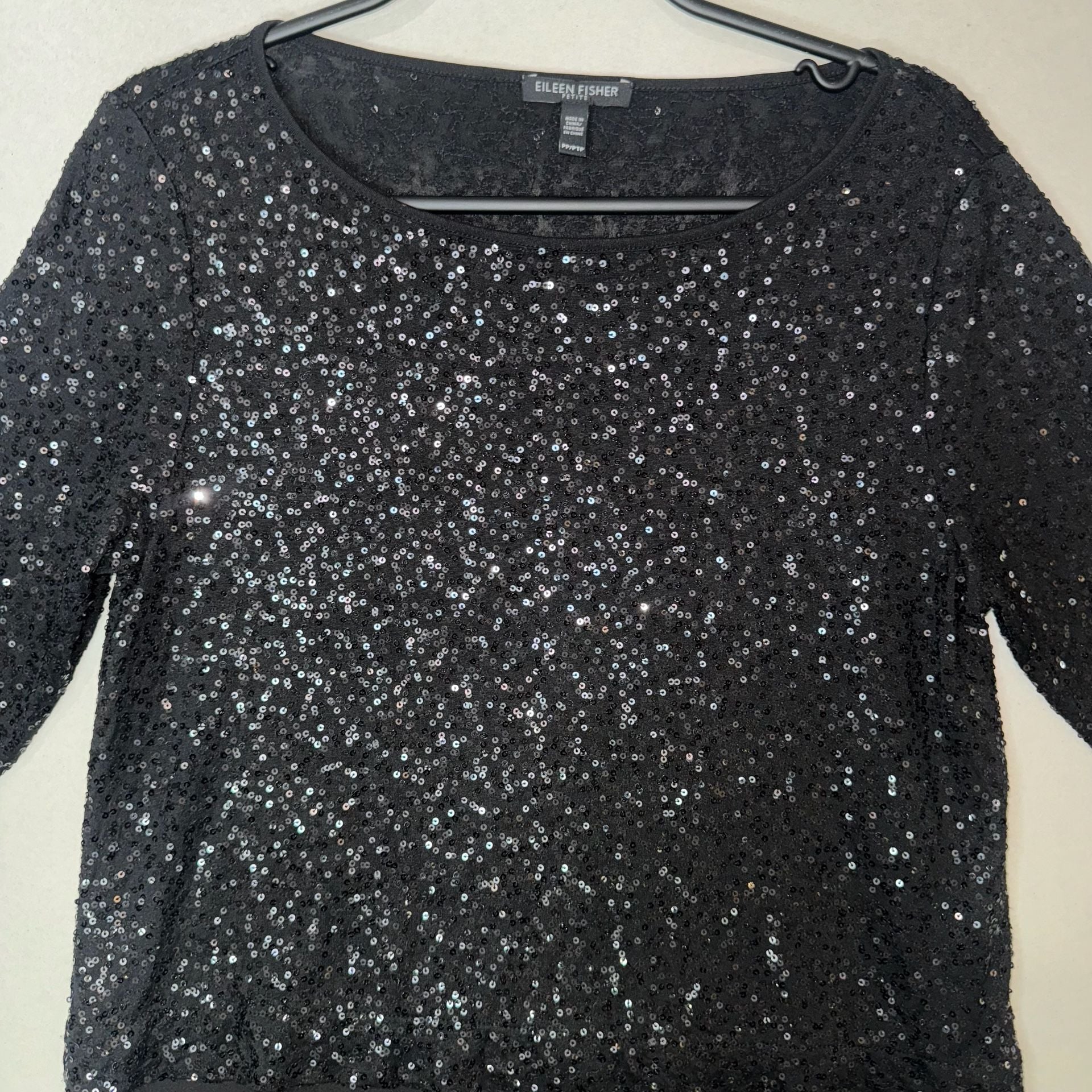 Eileen Fisher Black Sequin Long Sleeve Top with Sheer Layered Hem, Size PP 8