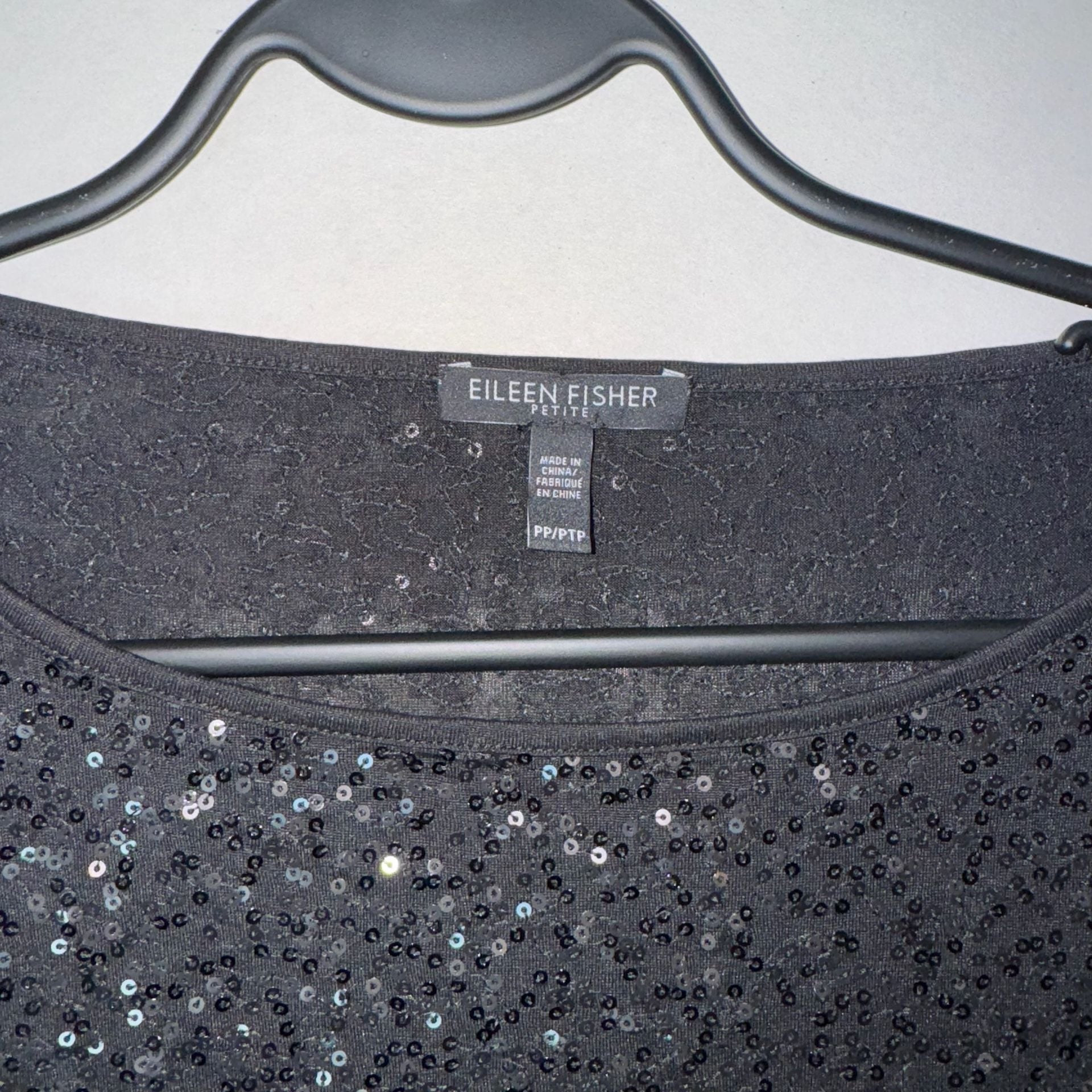 Eileen Fisher Black Sequin Long Sleeve Top with Sheer Layered Hem, Size PP 9