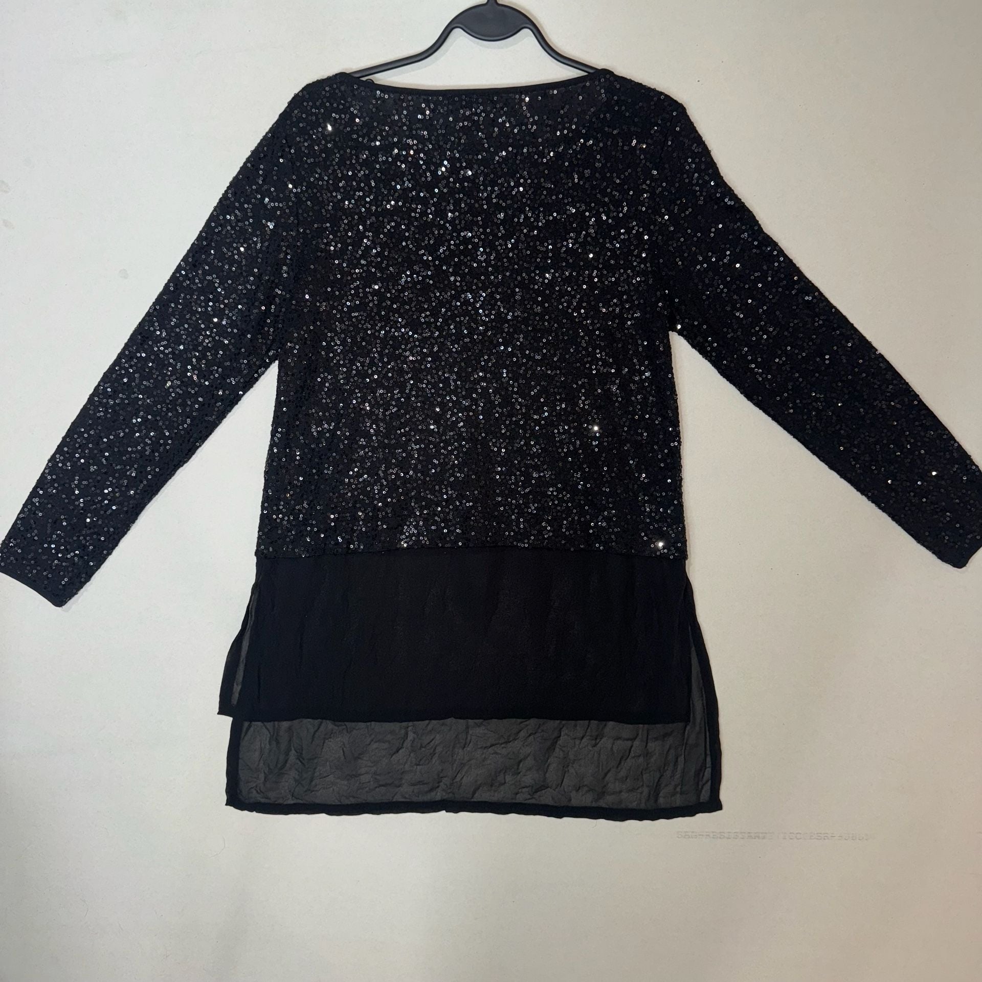 Eileen Fisher Black Sequin Long Sleeve Top with Sheer Layered Hem, Size PP 10