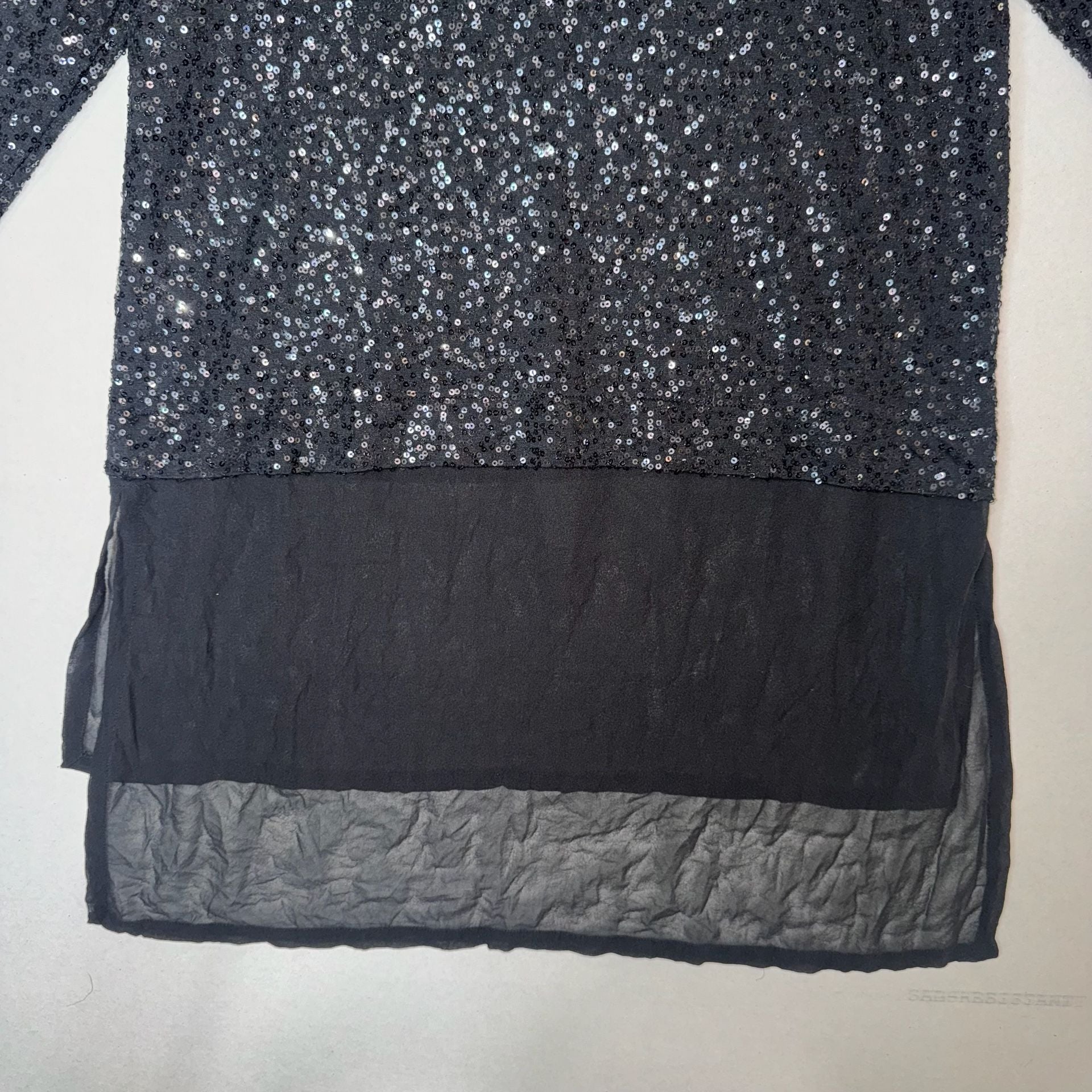 Eileen Fisher Black Sequin Long Sleeve Top with Sheer Layered Hem, Size PP 11