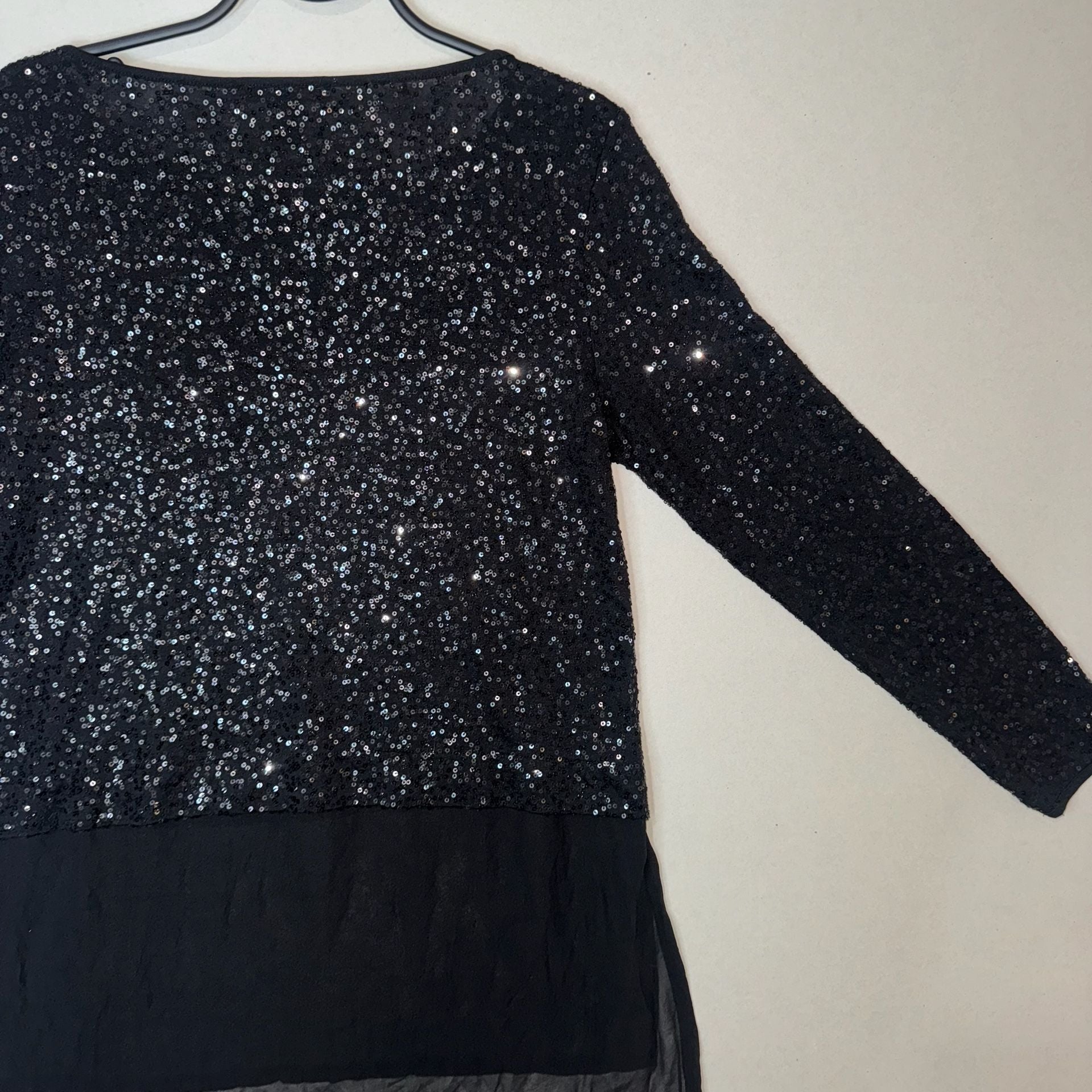 Eileen Fisher Black Sequin Long Sleeve Top with Sheer Layered Hem, Size PP 12