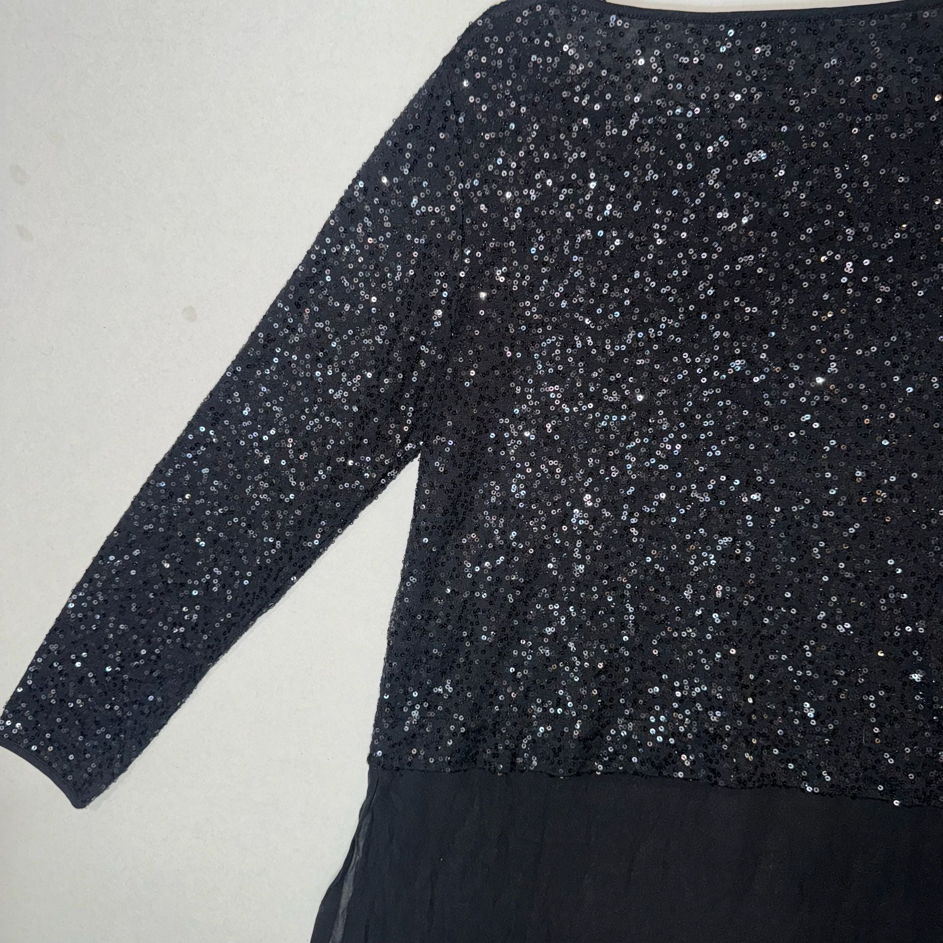 Eileen Fisher Black Sequin Long Sleeve Top with Sheer Layered Hem, Size PP 13