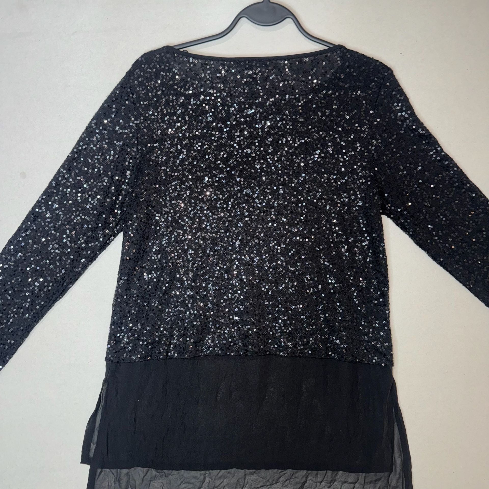 Eileen Fisher Black Sequin Long Sleeve Top with Sheer Layered Hem, Size PP 14