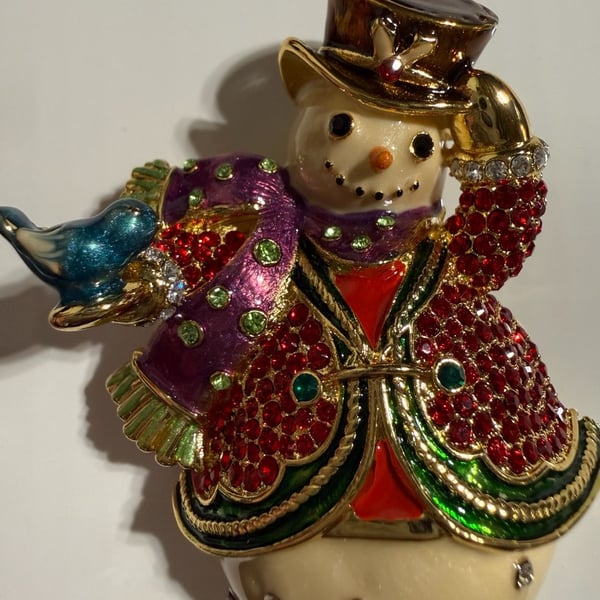 Jay Strongwater Swarovski Crystal Enameled Snowman Brooch with Bird