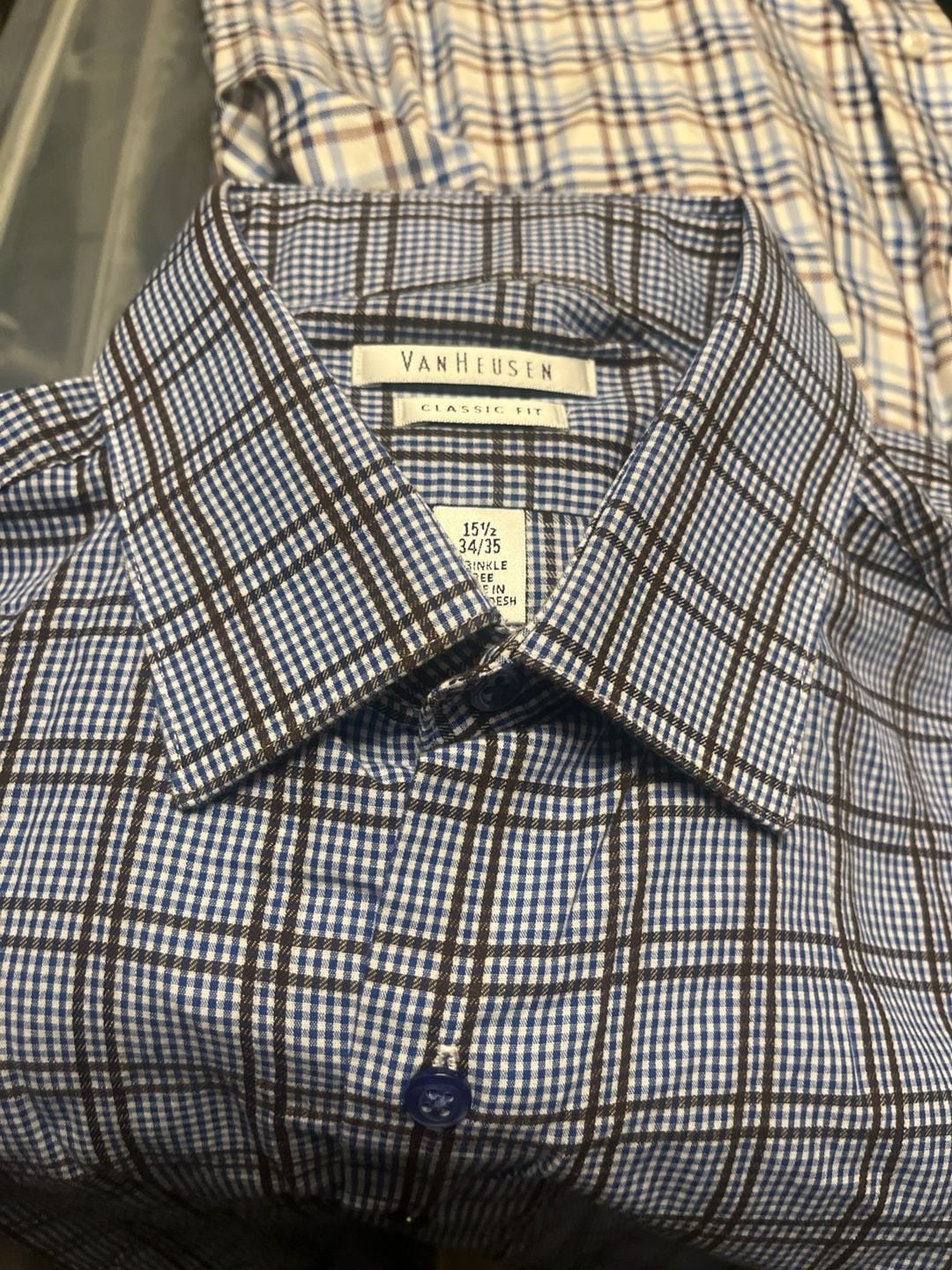 Van Heusen Classic Fit Wrinkle Free Blue Brown Plaid Dress Shirt Size 15.5 34/35 1