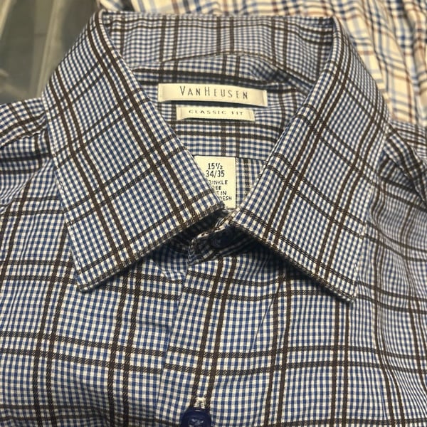 Van Heusen Classic Fit Wrinkle Free Blue Brown Plaid Dress Shirt Size 15.5 34/35