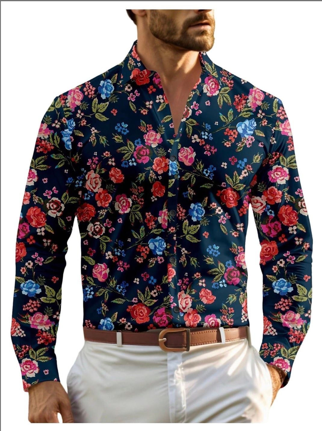 VIPWOLF Mens Floral Dress Shirt Blue Flower Long Sleeve Button Down Graphic XXL 2