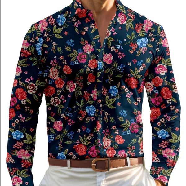 VIPWOLF Mens Floral Dress Shirt Blue Flower Long Sleeve Button Down Graphic XXL