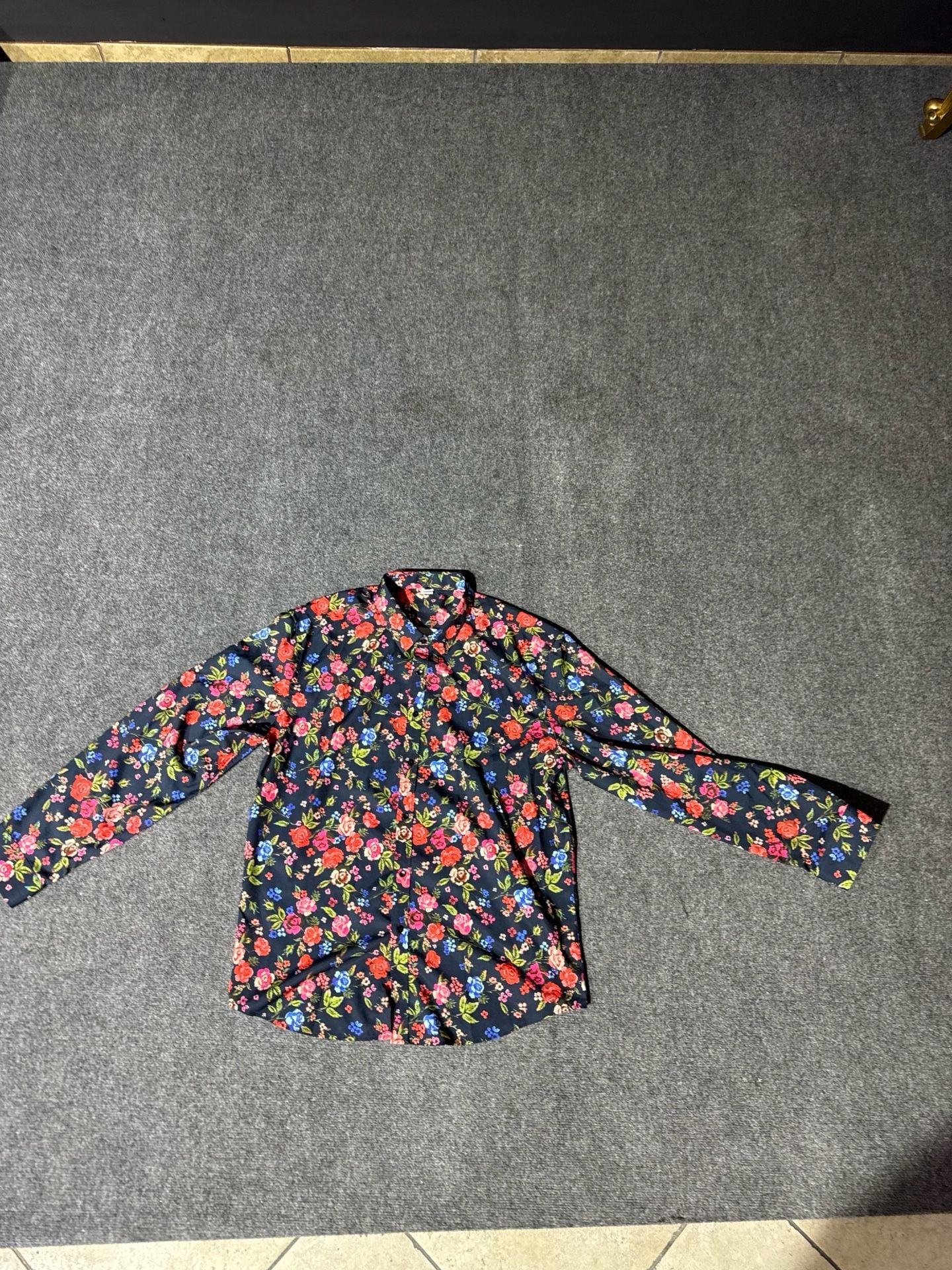 VIPWOLF Mens Floral Dress Shirt Blue Flower Long Sleeve Button Down Graphic XXL 18