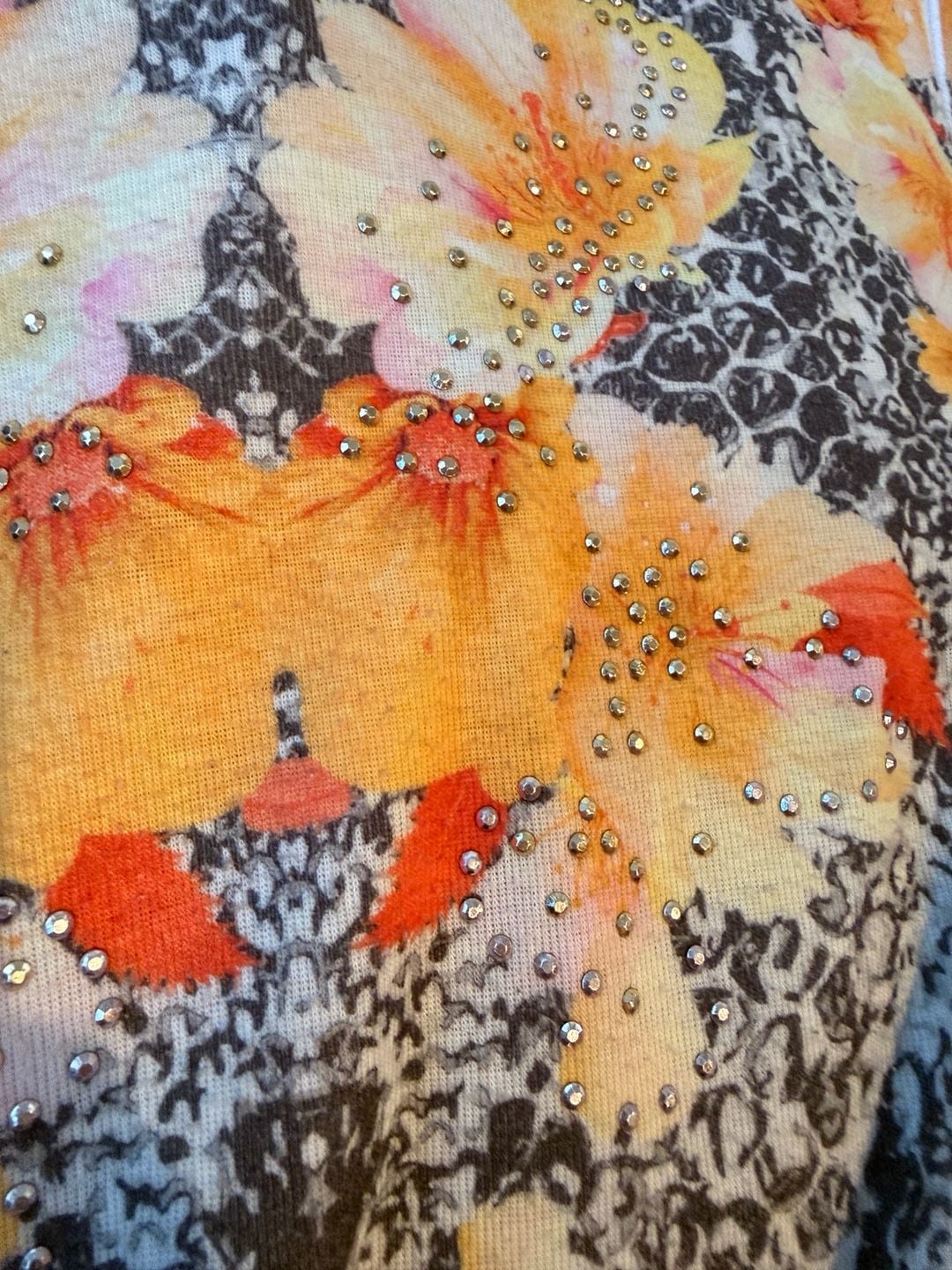 Chico's Floral Snakeskin Rhinestone Embellished Short Sleeve Top Size M 5