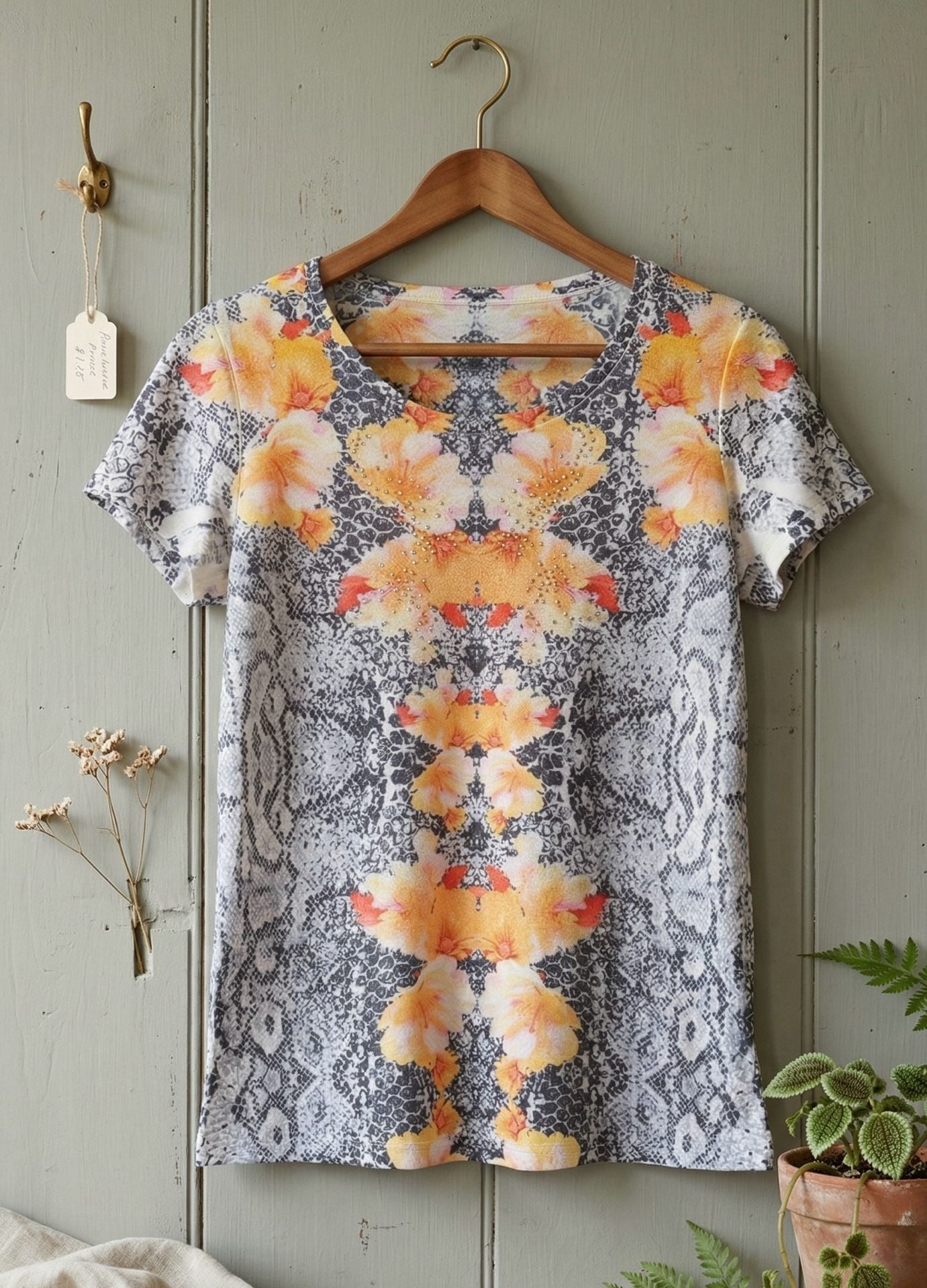 Chico's Floral Snakeskin Rhinestone Embellished Short Sleeve Top Size M 3