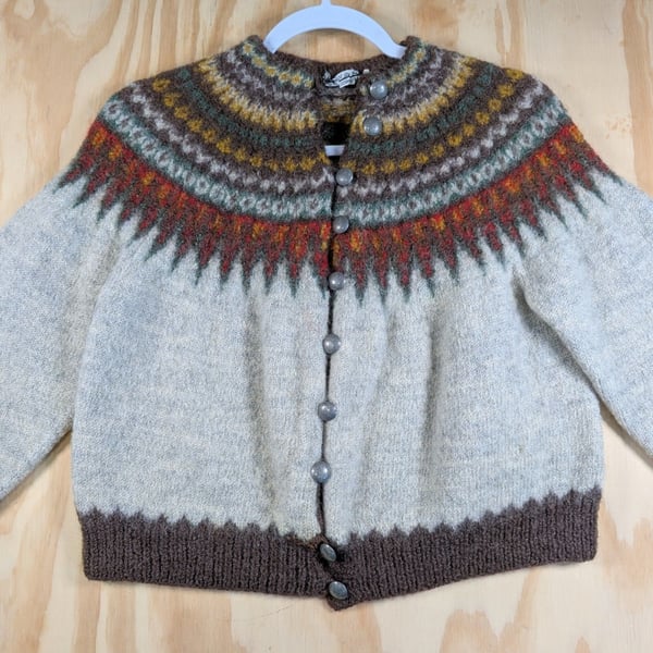 Vintage Wool Cardigan Sweater William Schmidt Fair Isle Pewter Buttons S/M