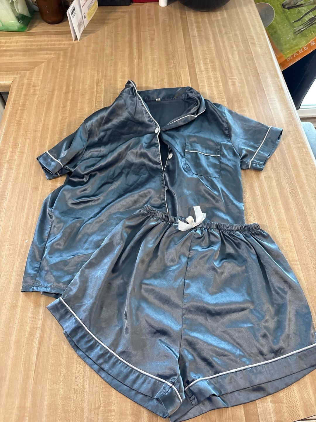 Women's Satin Short Sleeve Pajama Set with Shorts, Navy Blue with White Piping, Size XL 1