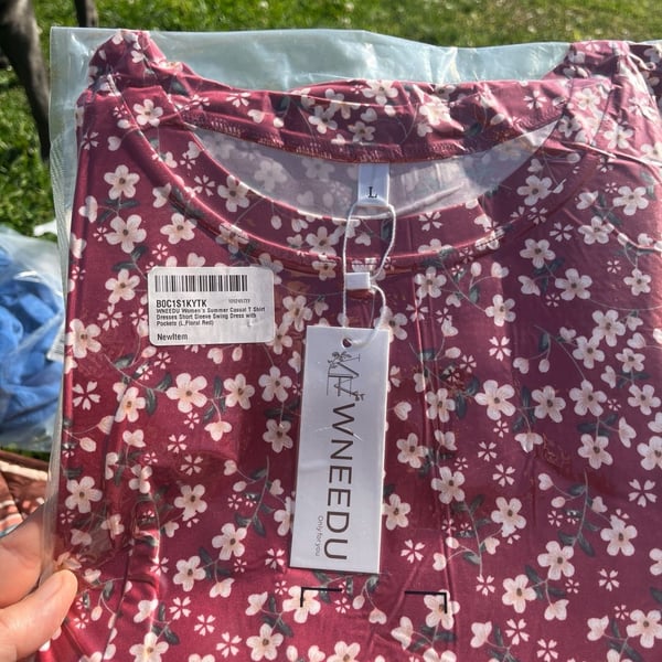 WNEEDU Women's Summer Casual T Shirt Swing Dress with Pockets, Floral Red, Size L