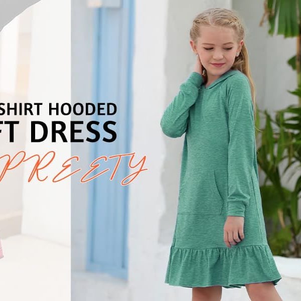 Blue size 10yr. PREETY Girls' Sweatshirt Hooded Shift Dress with Ruffle Hem and Kangaroo Pocket