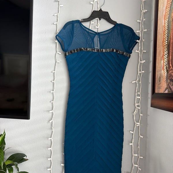 Calvin Klein Teal Mesh Yoke Beaded Chevron Pleated Sheath Dress