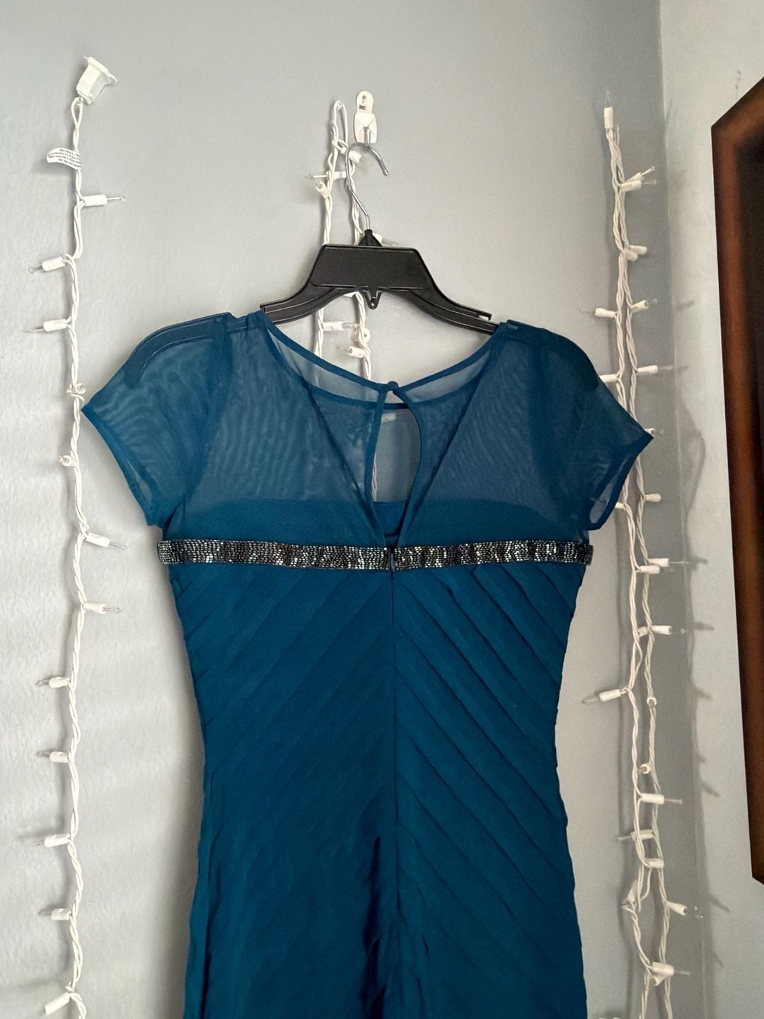 Calvin Klein Teal Mesh Yoke Beaded Chevron Pleated Sheath Dress 8