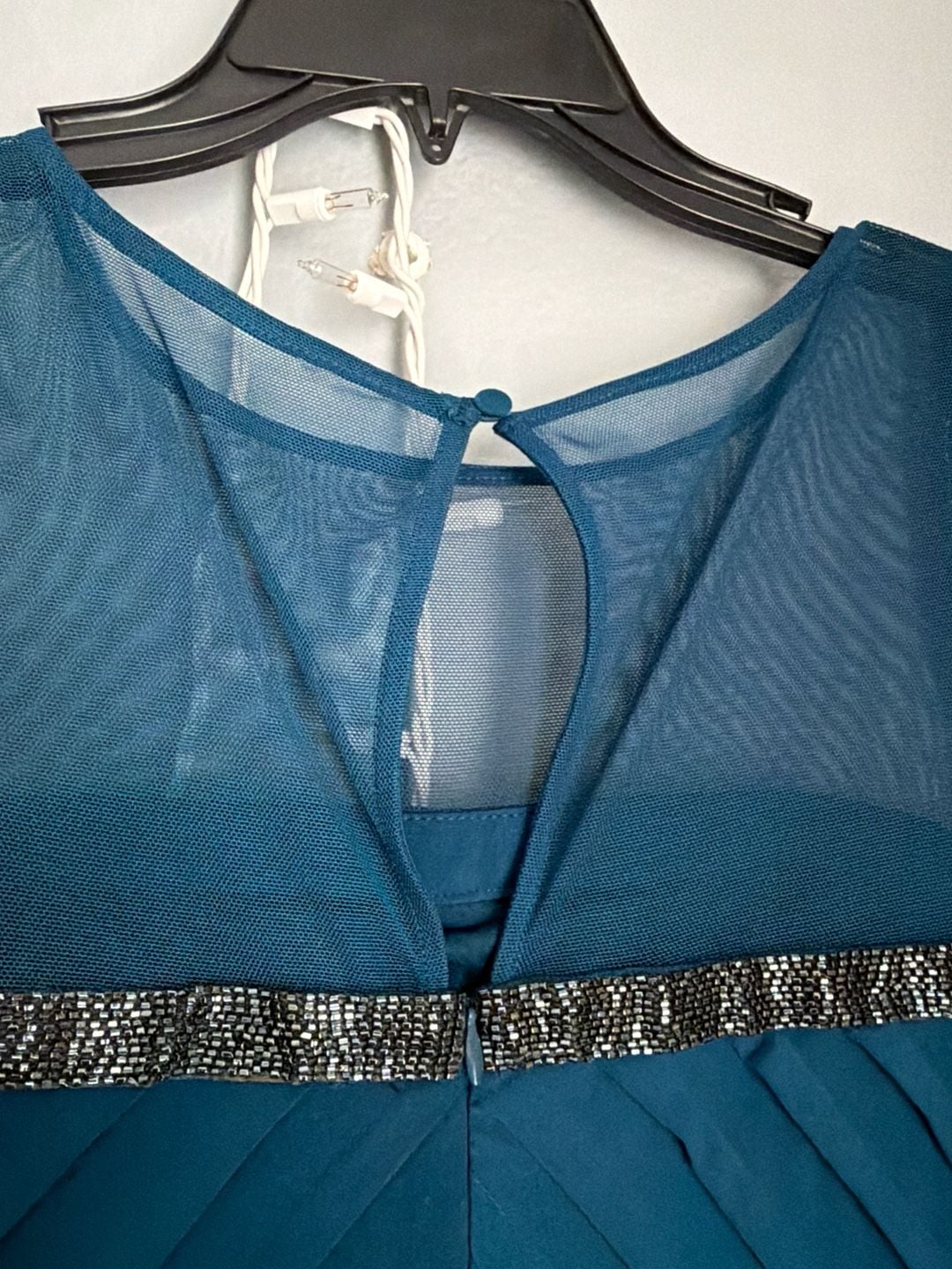 Calvin Klein Teal Mesh Yoke Beaded Chevron Pleated Sheath Dress 9