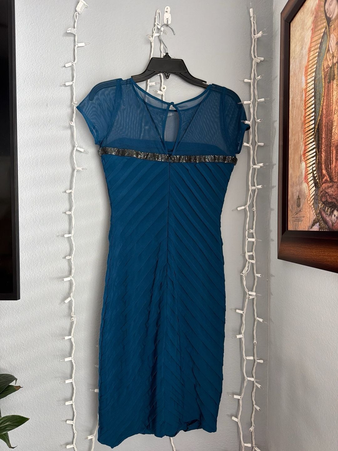 Calvin Klein Teal Mesh Yoke Beaded Chevron Pleated Sheath Dress 10