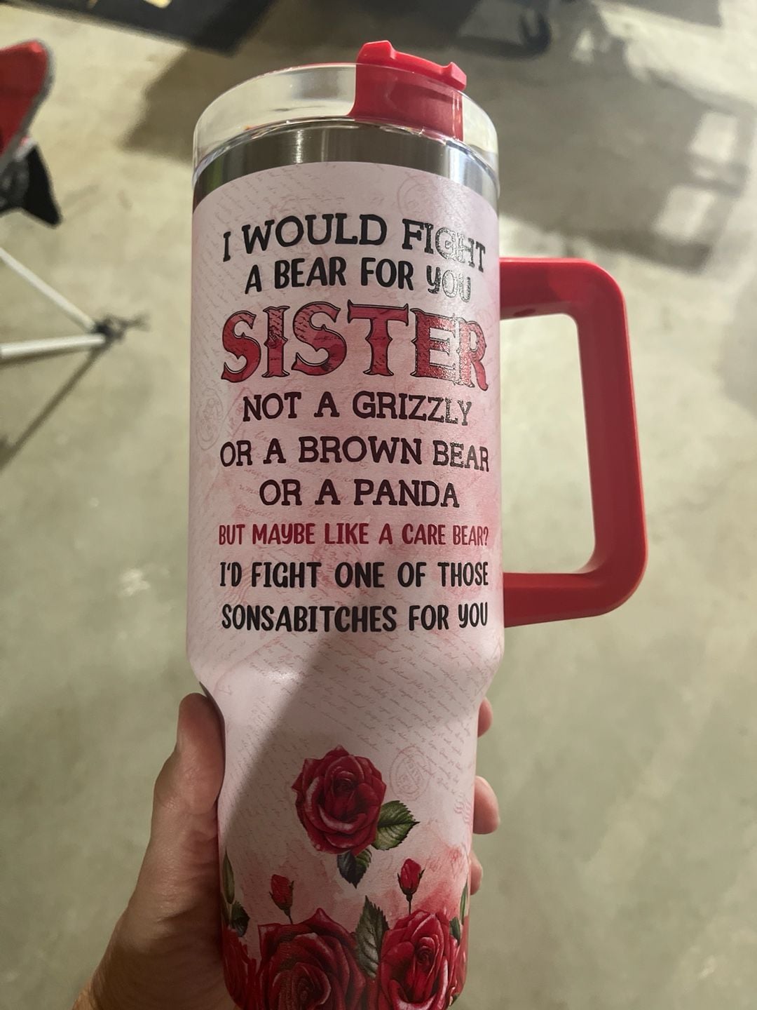 "You Are My Person" Sister 40oz Insulated Travel Tumbler with Handle - Red Roses Design 2
