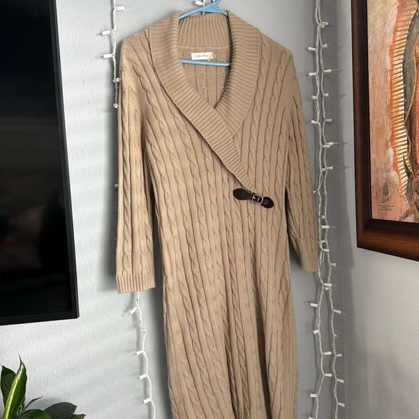 Calvin Klein Cable Knit Shawl Collar Buckle Sweater Dress, Size M