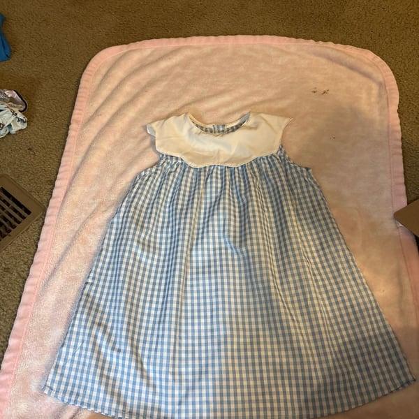 Girls Light Blue Gingham Sleeveless Dress with Scalloped Collar