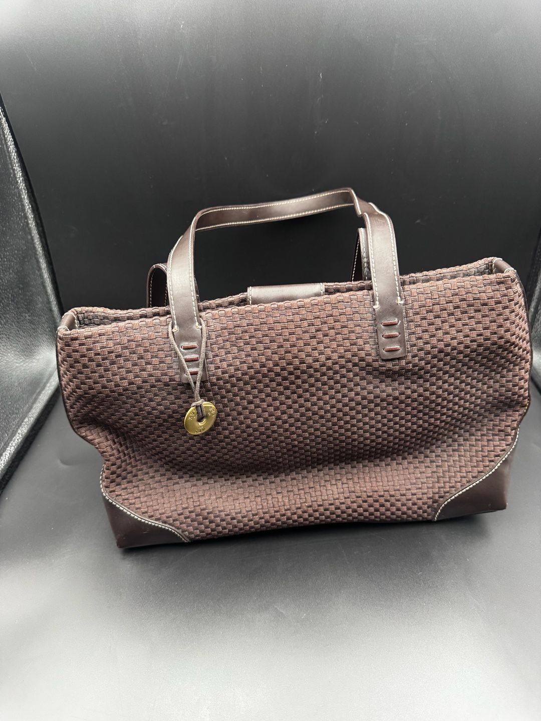 The Sak Brown Woven Crochet Tote Bag with Leather Trim 2