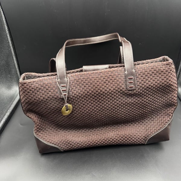 The Sak Brown Woven Crochet Tote Bag with Leather Trim
