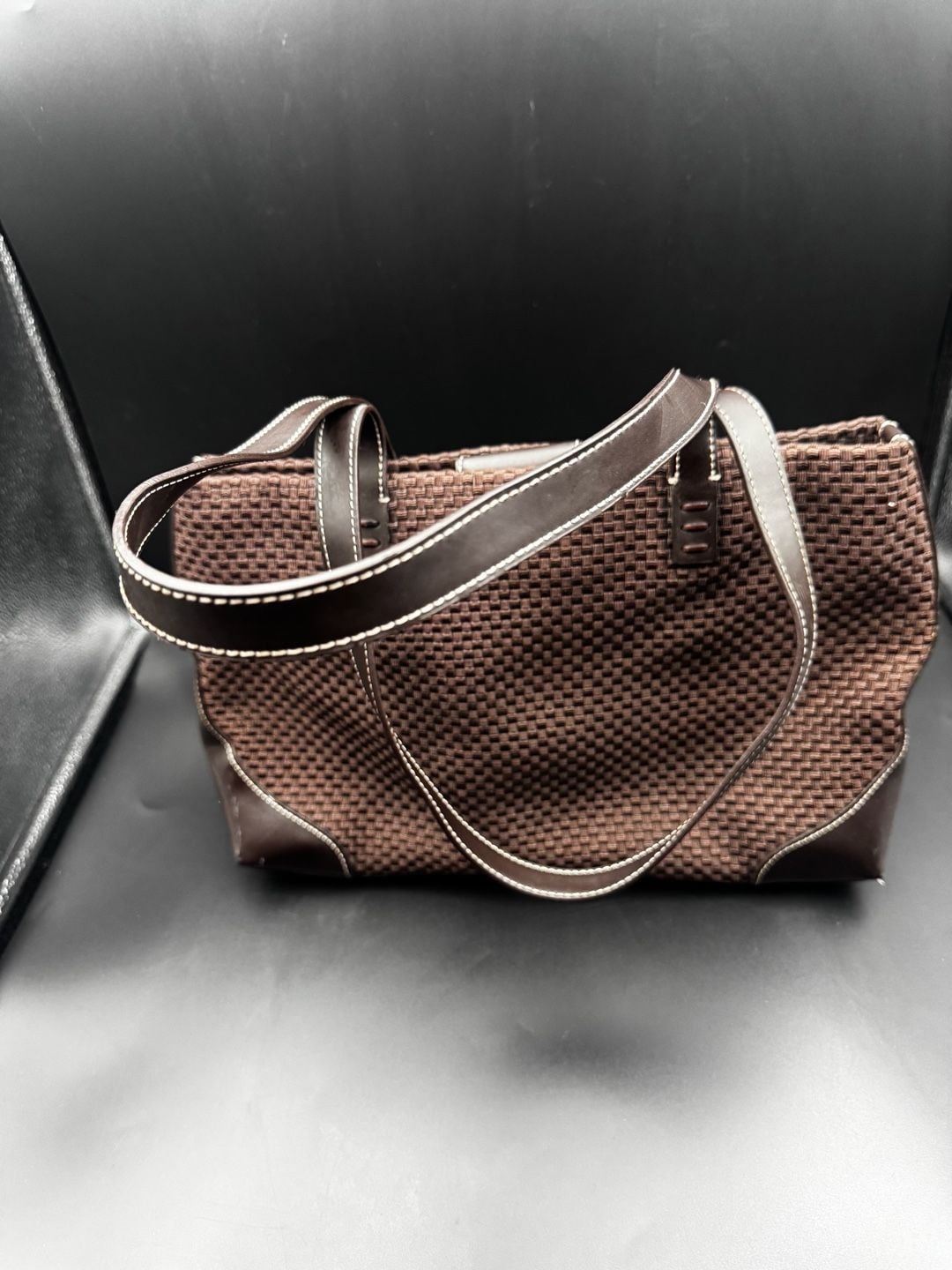 The Sak Brown Woven Crochet Tote Bag with Leather Trim 3