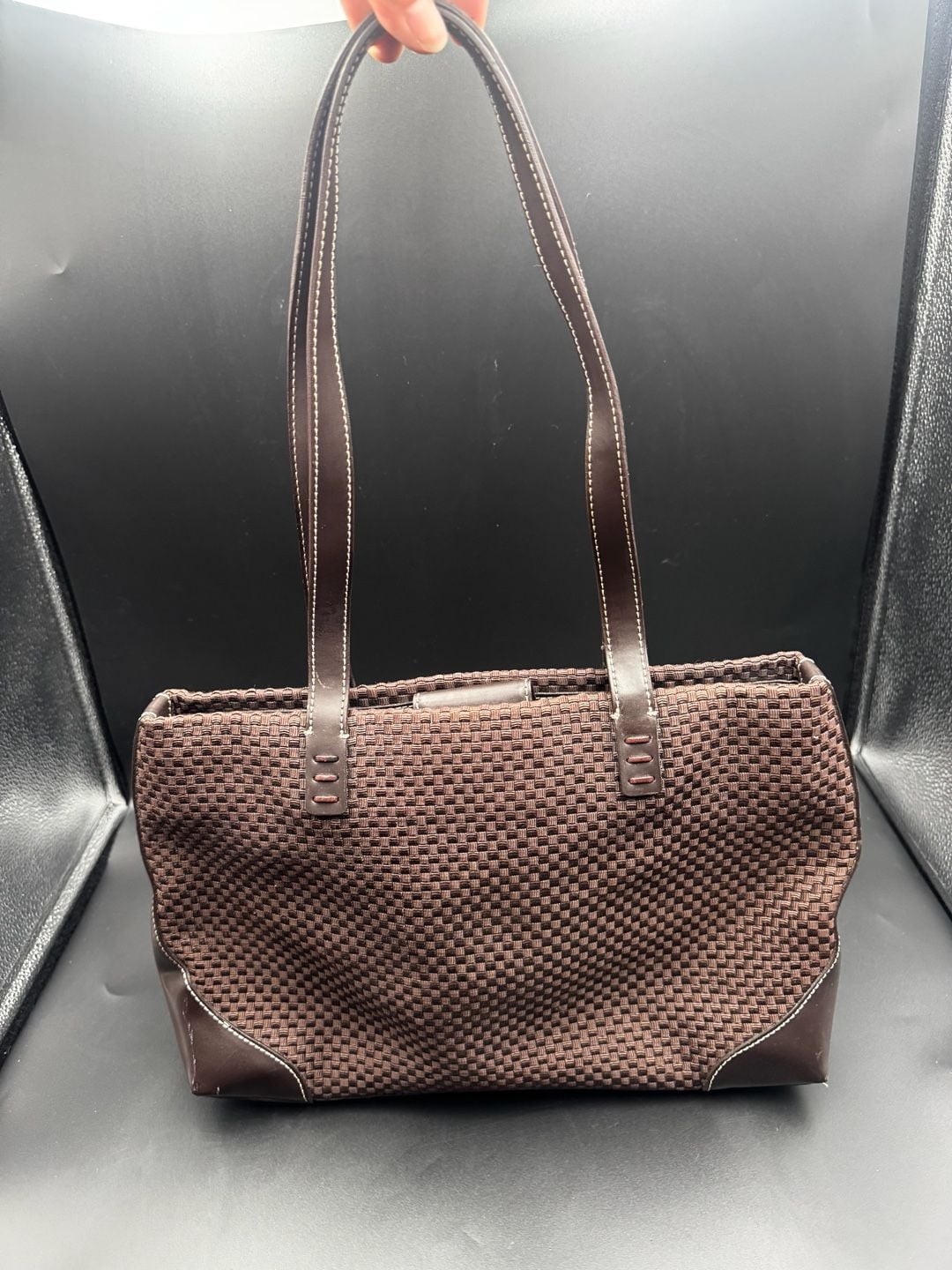The Sak Brown Woven Crochet Tote Bag with Leather Trim 4