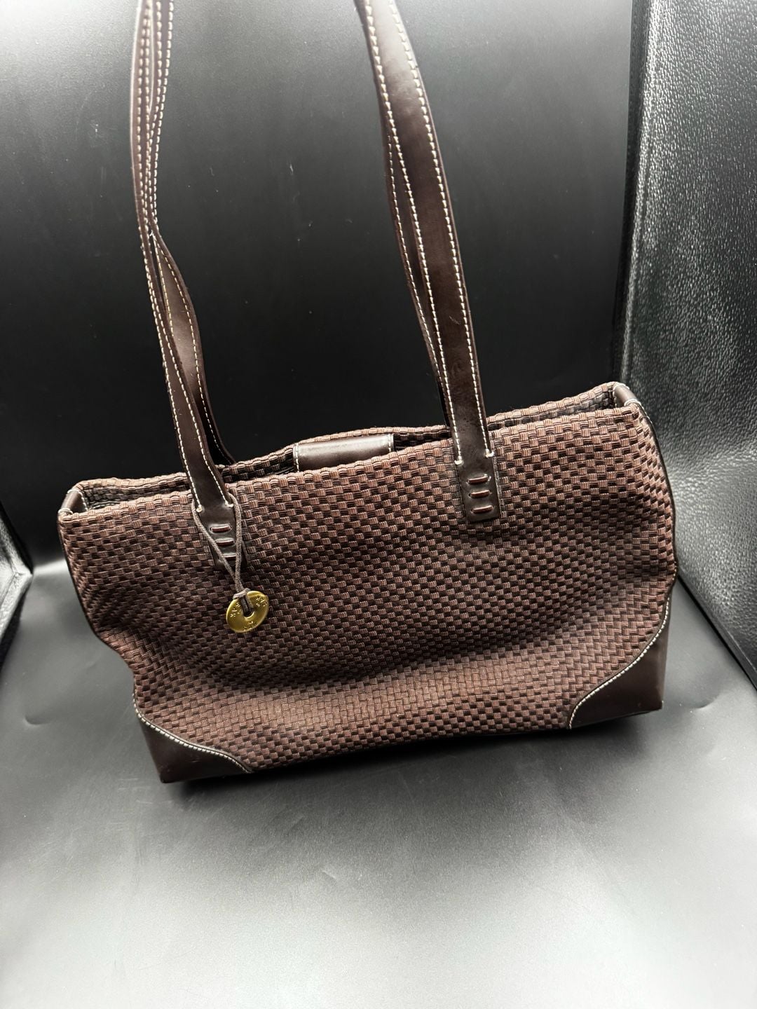 The Sak Brown Woven Crochet Tote Bag with Leather Trim 6