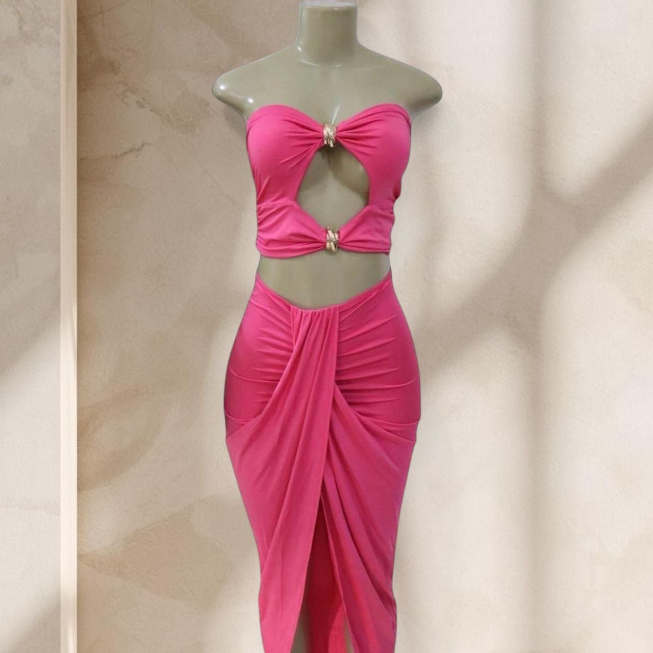 Pink Cutout Two Piece Set – Strapless Top & Draped Maxi Skirt Barbie Sexy ✧ M 1