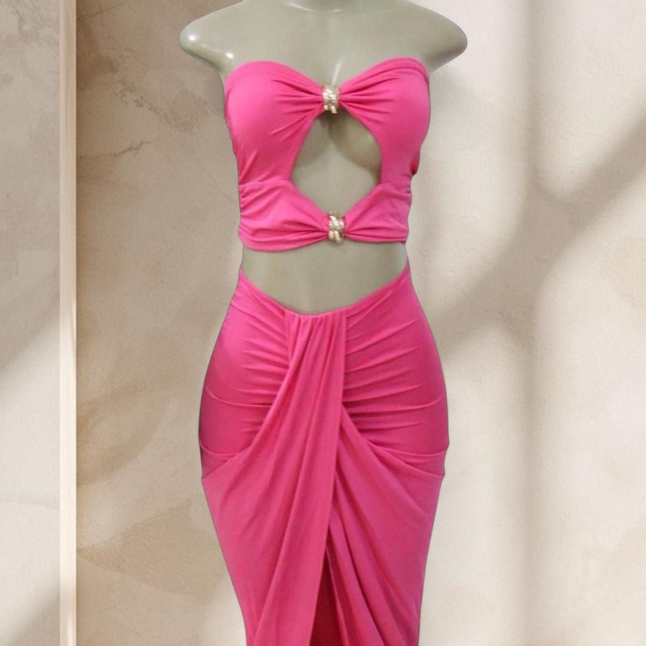 Pink Cutout Two Piece Set – Strapless Top & Draped Maxi Skirt Barbie Sexy ✧ M 2