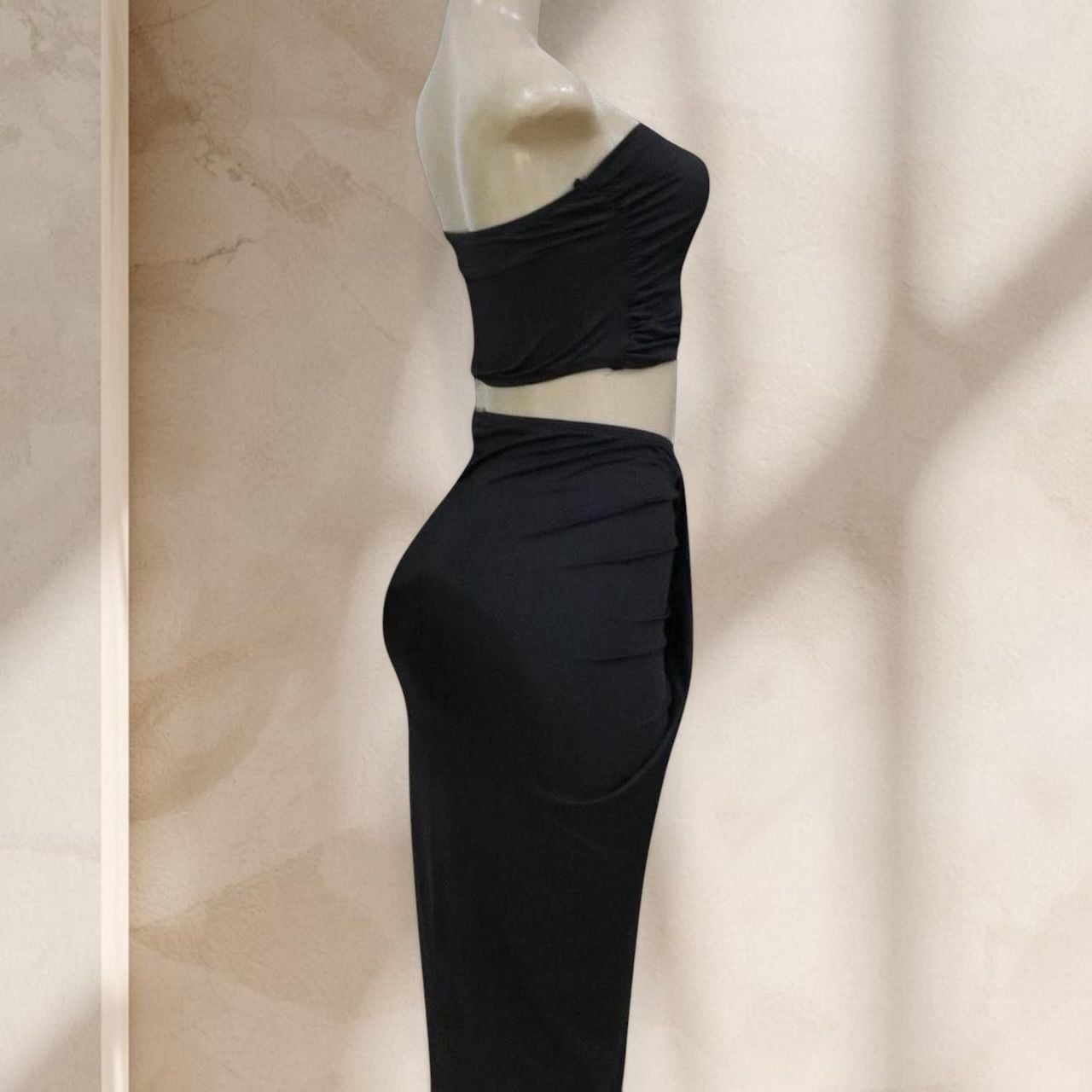 Black Two Piece Set – Strapless Top & Draped Maxi Skirt Gold Detail Sexy ✧ S
3