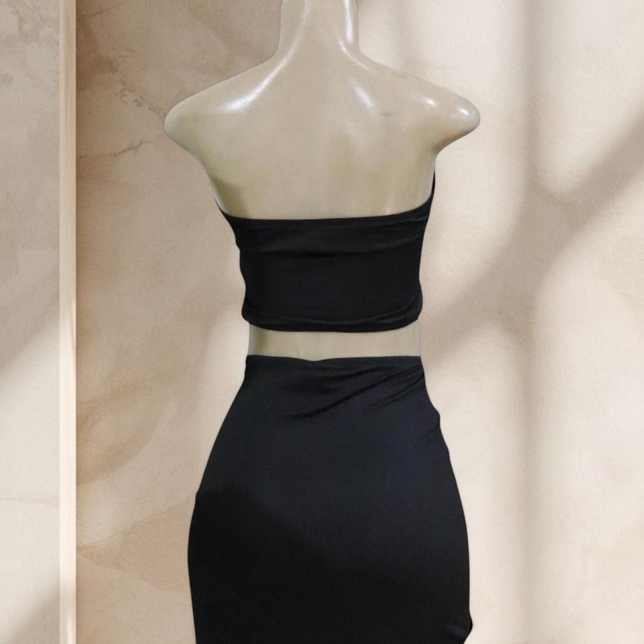 Black Two Piece Set – Strapless Top & Draped Maxi Skirt Gold Detail Sexy ✧ S
4
