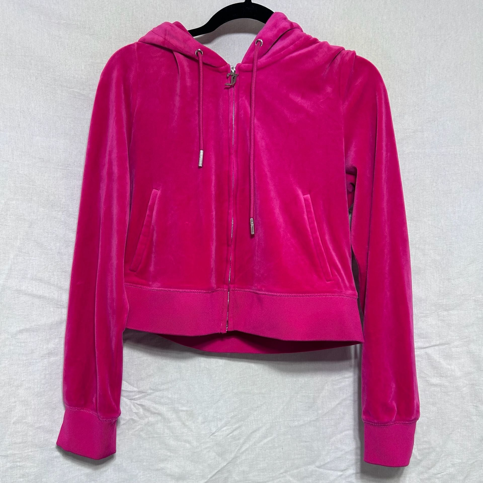Barbiecore Juicy Couture Bling Logo Hot Pink Velour Cropped Zip-Up Hoodie Large 2