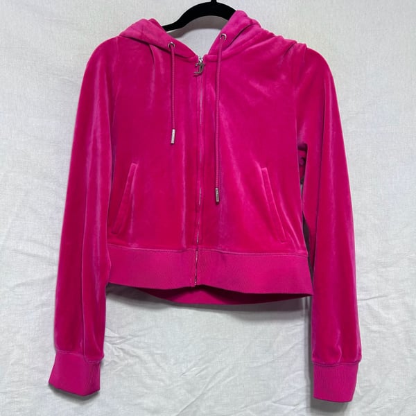 Barbiecore Juicy Couture Bling Logo Hot Pink Velour Cropped Zip-Up Hoodie Large