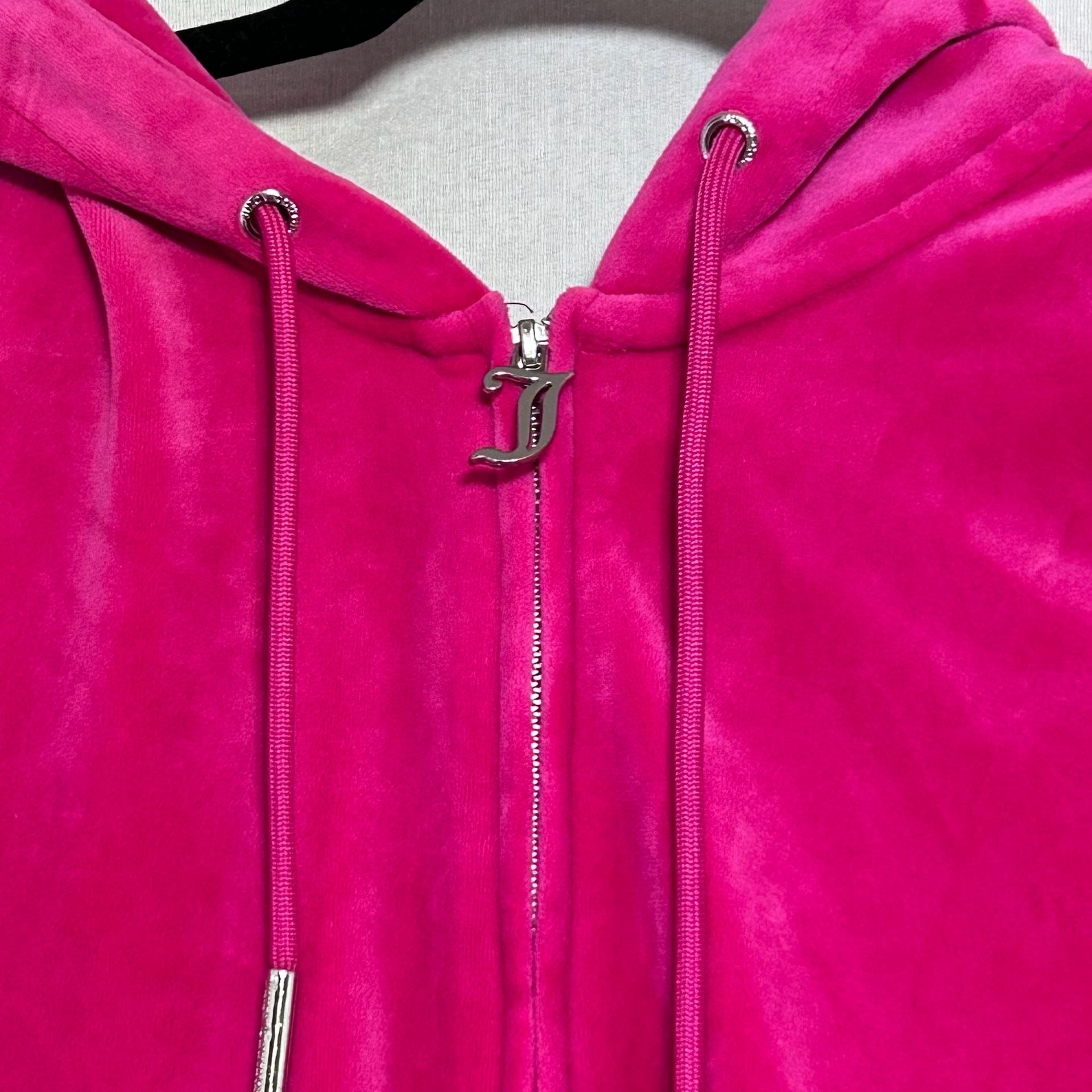 Barbiecore Juicy Couture Bling Logo Hot Pink Velour Cropped Zip-Up Hoodie Large 6