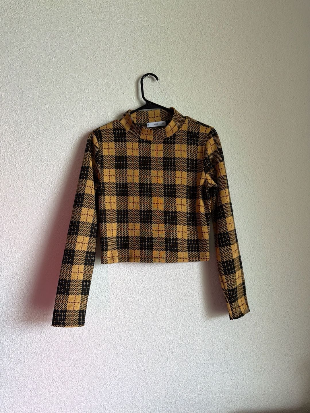 Mango MNG Yellow Plaid Mock Neck Long Sleeve Crop Top Size L 2