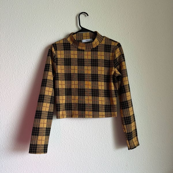 Mango MNG Yellow Plaid Mock Neck Long Sleeve Crop Top Size L