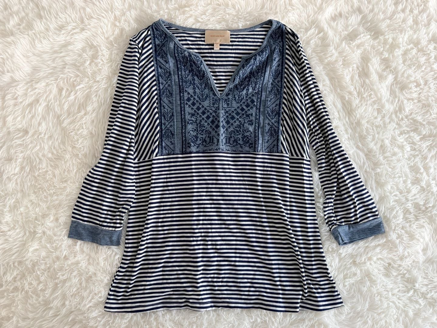 Skies Are Blue Striped Embroidered V-Neck Long Sleeve Top Size M 2