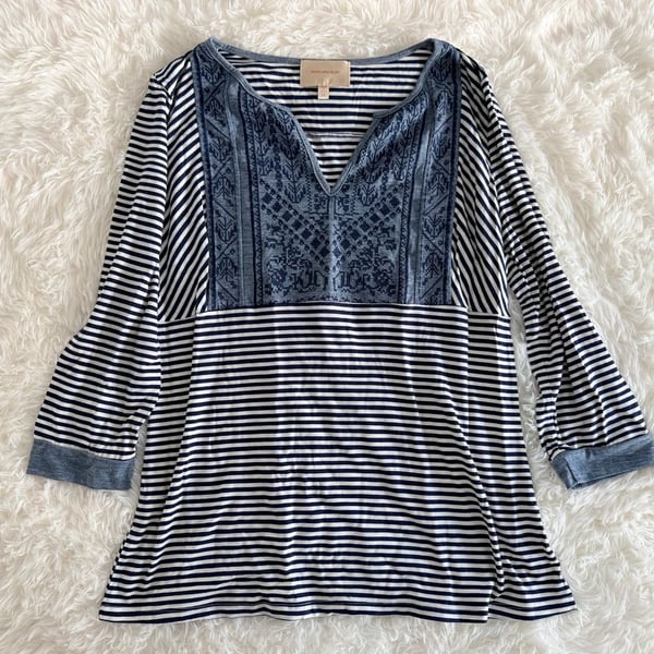 Skies Are Blue Striped Embroidered V-Neck Long Sleeve Top Size M