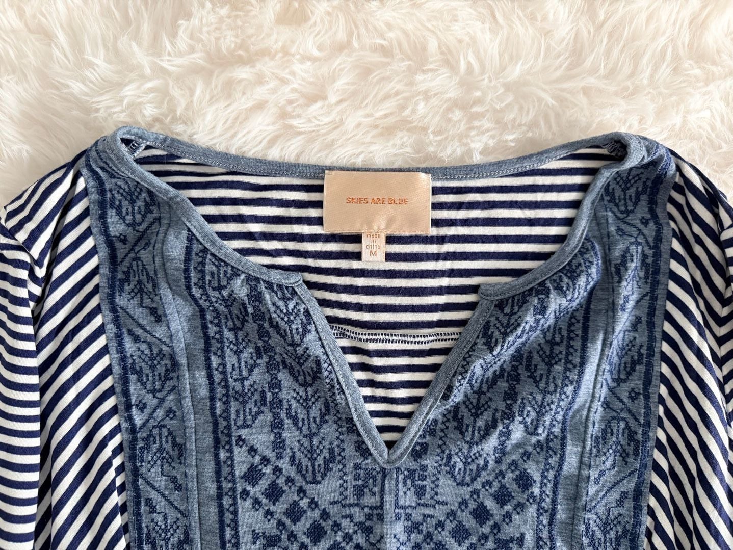 Skies Are Blue Striped Embroidered V-Neck Long Sleeve Top Size M 3