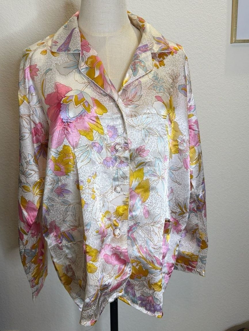 Vintage August Silk 100% Pure Silk Floral Pajama Top Size L 1