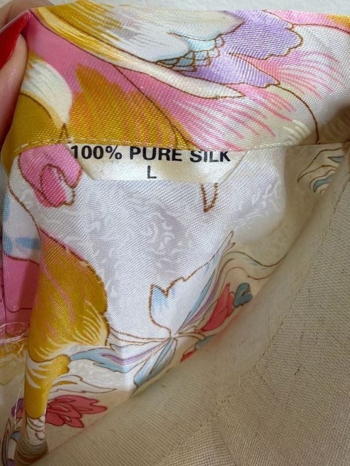 Vintage August Silk 100% Pure Silk Floral Pajama Top Size L 2